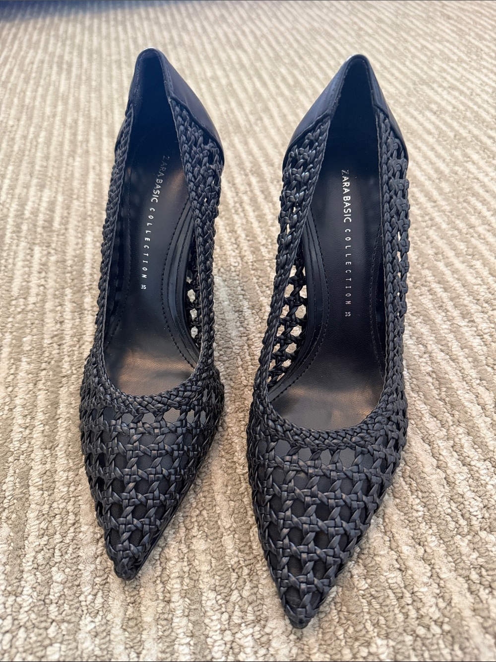 Zara Black Woven Pointed-Toe Heels